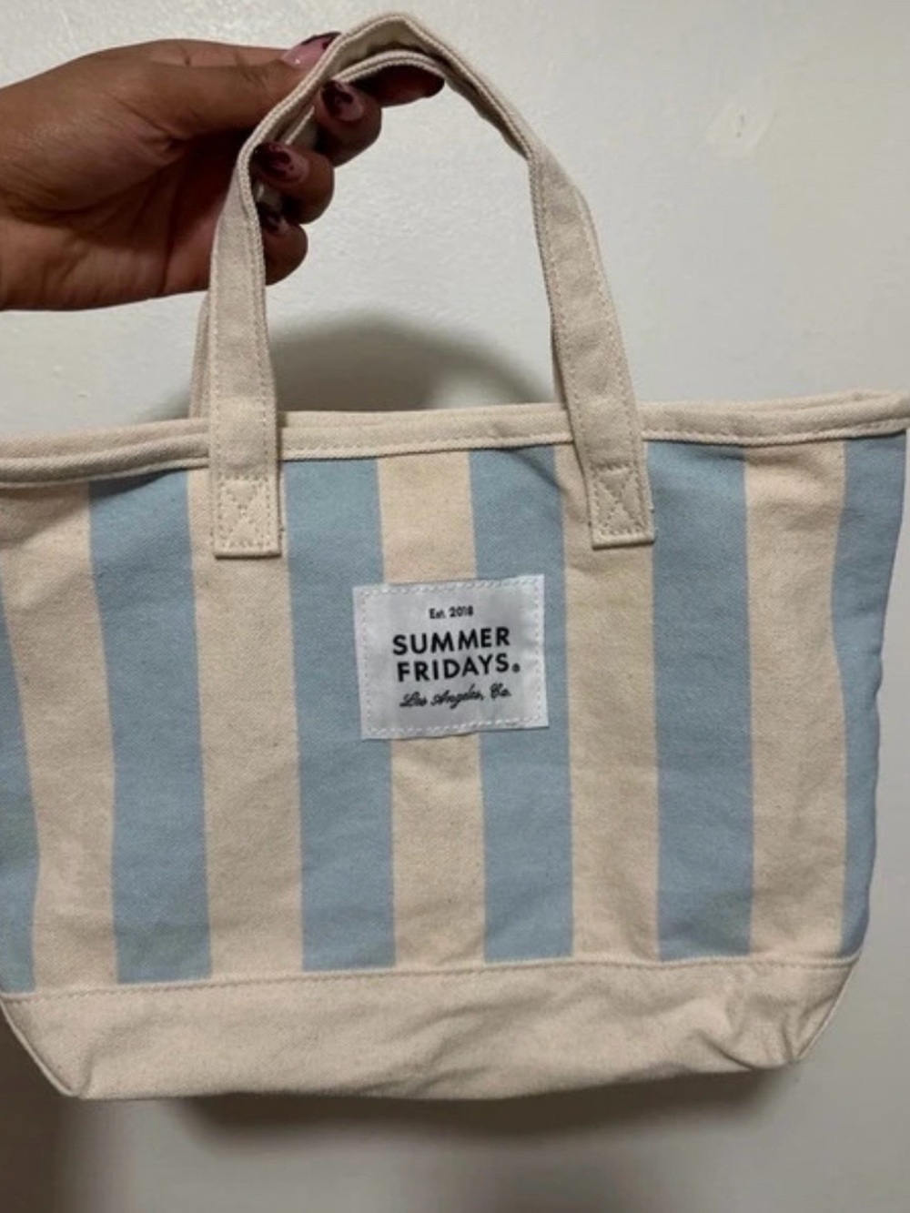 Summer Fridays Cream & Light Blue Striped Canvas Tote